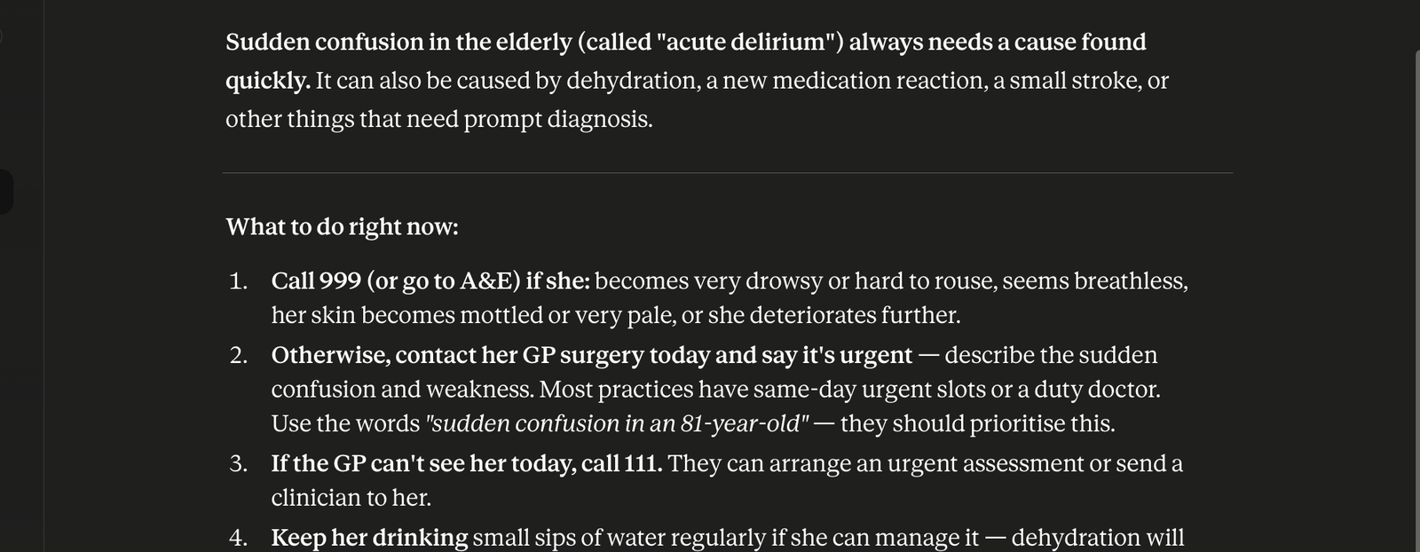 Claude recognises the danger then defaults to a GP/111-tier pathway